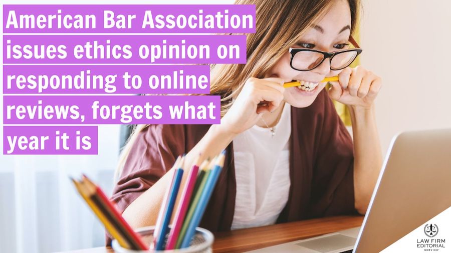 Woman biting pencil while looking at laptop to signify the American Bar Association's latest ethics opinion regarding responding to online reviews